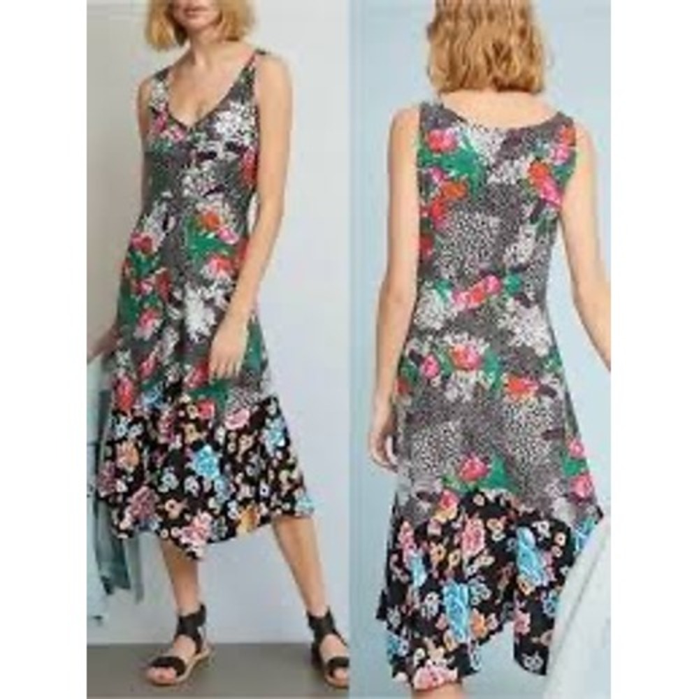 Maeve‎ by Anthropologie Violette Mixed Floral Midi Dress Women 12 Black Boho